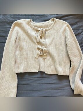SHEIN Cream Tie-Front Ribbed Cropped Cardigan